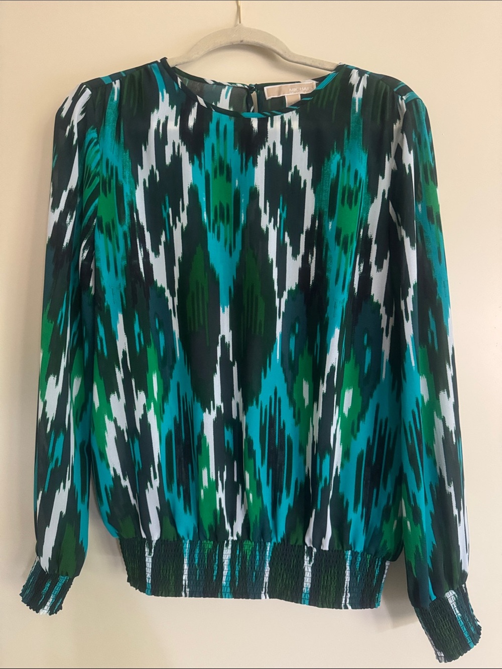 Michael Kors Green Teal & Black Printed Long Sleeve Blouse Transparent L